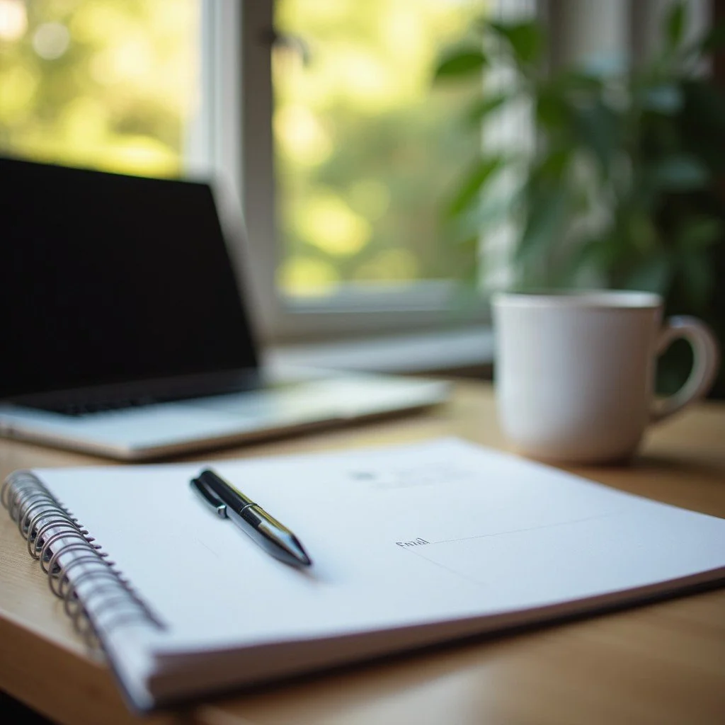 Notebook, pen and laptop on a desk by a window